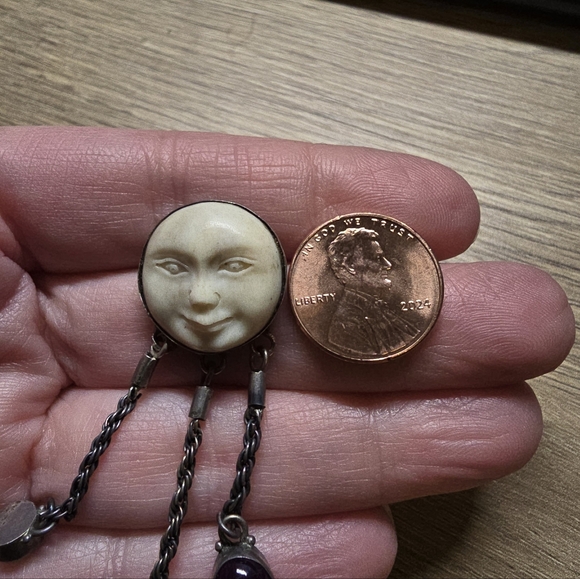 Carved Moon Face Sajen Dangle 925 Earrings Amethyst Turquoise & Moonstone - Picture 15 of 15